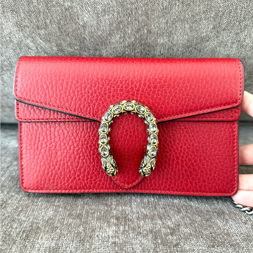 Authentic Gucci Dionysus Micro Mini bag red leather crossbody silver chain